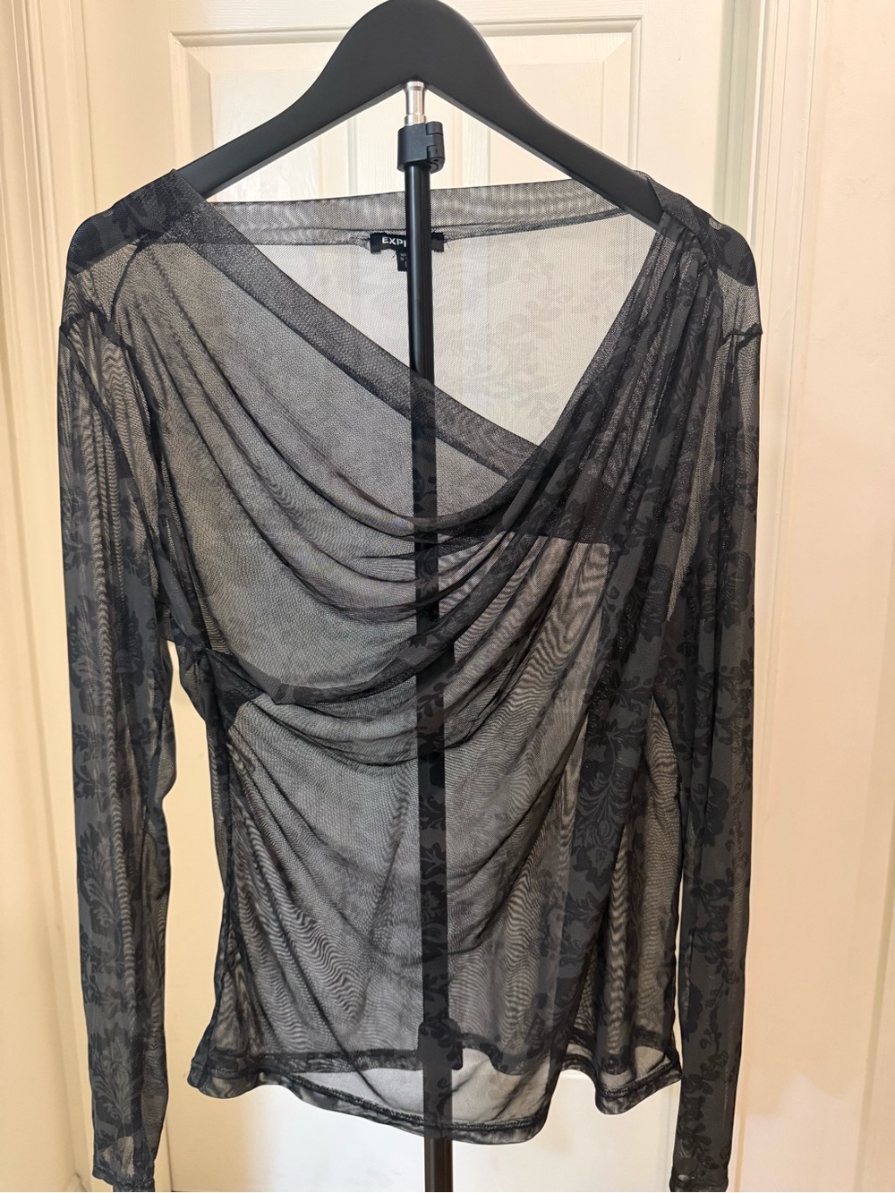 Express Black Sheer Draped Long Sleeve Top with Subtle Floral Jacquard - Picture 1 of 3
